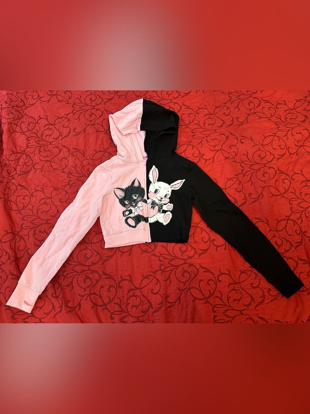 Sugar Thrillz Two-Tone Pink and Black Cropped Hoodie with Kitten & Bunny Graphic